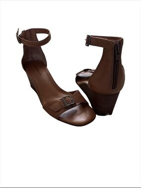 Leather Lucky Brand Brown Ankle-Strap Wedge Sandals size 9